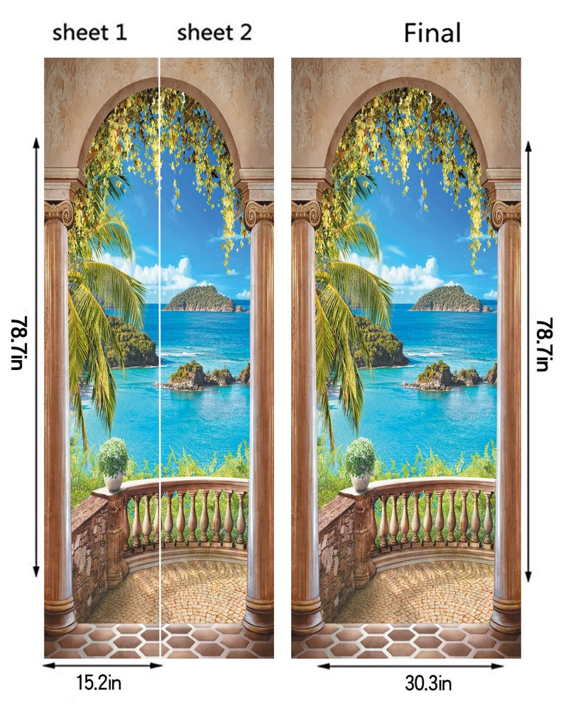 FLFK 3D Balcony Arch Seascape Door Stickers Self-Adhesive Door Murals Photo Wallpaper for Living Room Bedroom Decoration 30.3"x78.7" - Image 2